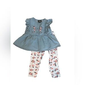 Destiny Girl’s Floral Embroidered Denim Dress with Floral Leggings. 24M. Good Co